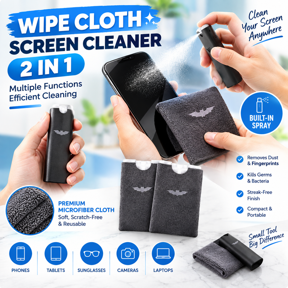 2-in-1 Screen Cleaner & Microfiber Cloth