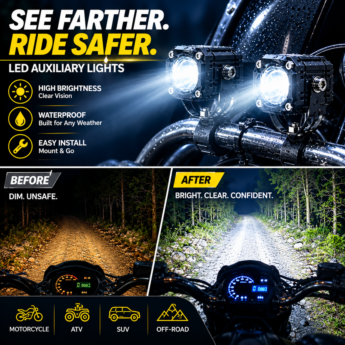 Universal Motorcycle LED Spotlights – Dual Beam